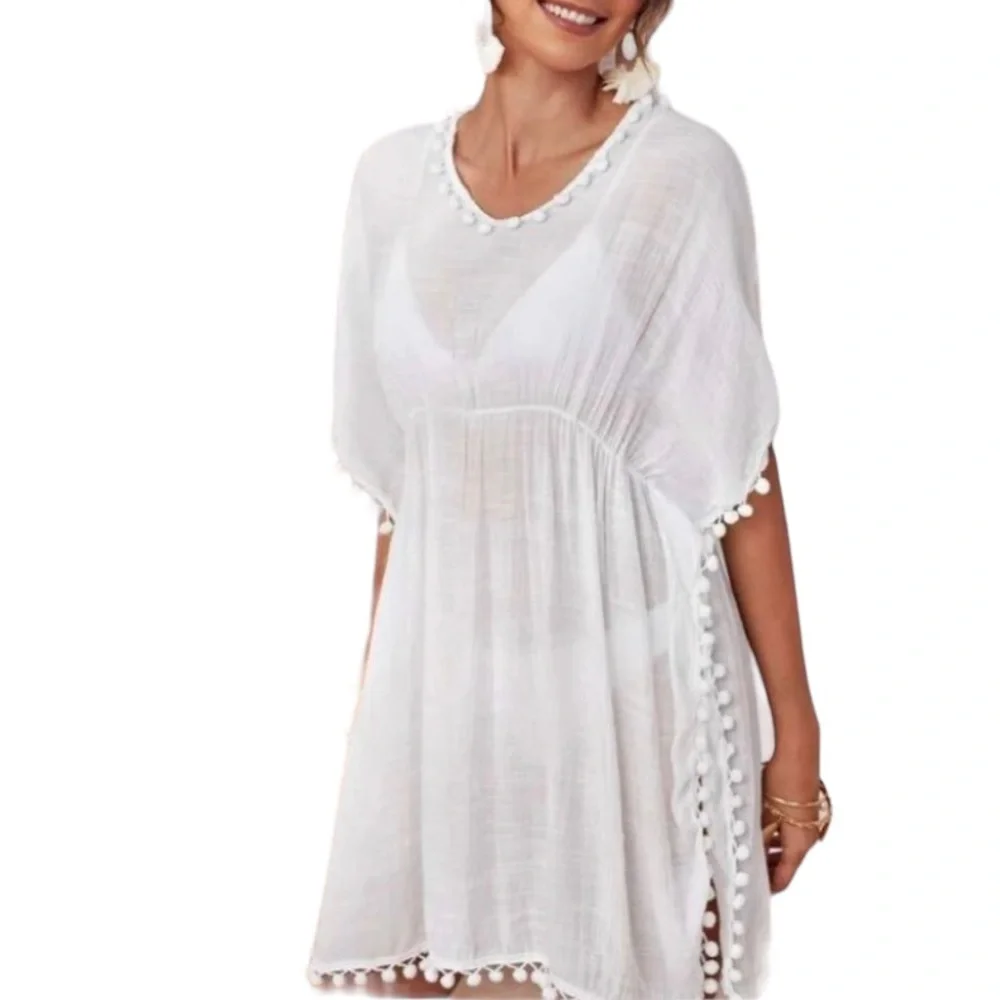 ✨NEW✨ Pom Pom Boho White Beach Swimsuit Side Slits CoverUp Top - OS - Picture 1 of 9
